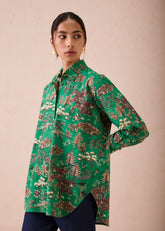 A Model Wearing Green Poplin Emerald Fields Classic Organic Cotton Shirt, curated by Only Ethikal
